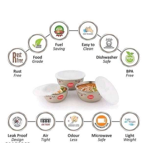 JENSONS Microwave Safe Printed Stainless Steel Bowl Set of 3 Large 1300ml, Medium 800 ml , Small 600ml For storage/ Serving Food - Choclate Colour