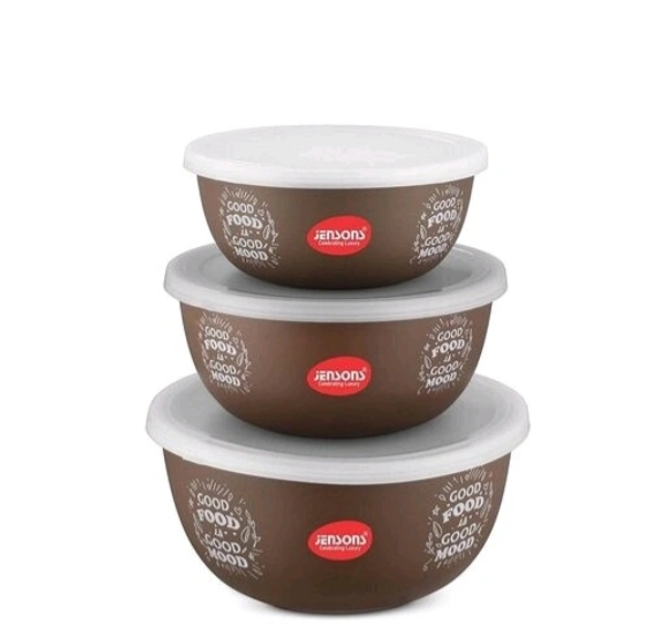 JENSONS Microwave Safe Printed Stainless Steel Bowl Set of 3 Large 1300ml, Medium 800 ml , Small 600ml For storage/ Serving Food - Dark Cofee Colour