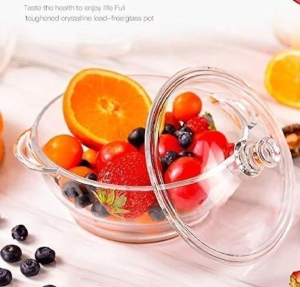 Round Glass Casserole Oven and Microwafe Transparent Serving Bowl with see Through Top Glass Lid 1000 ml Set of 2 - Set of 2, Crystal white(Set of 2)