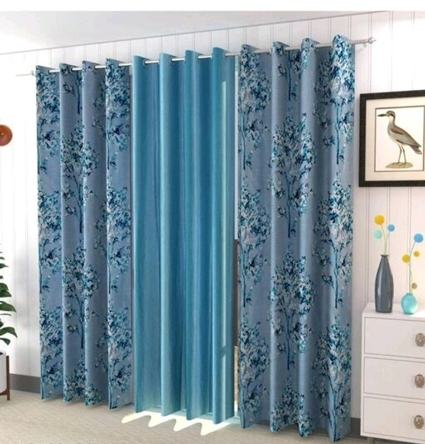 3D Printed Polyester Luxury Look Tree Design Door Curtain Set of 3-7ft height - BLUE