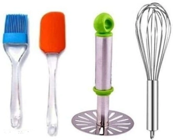 Silicone Spatula Blue Oil Brush One Stainless Steel Whisker along with Steel Masher Kitchen Accessories Combo Offer