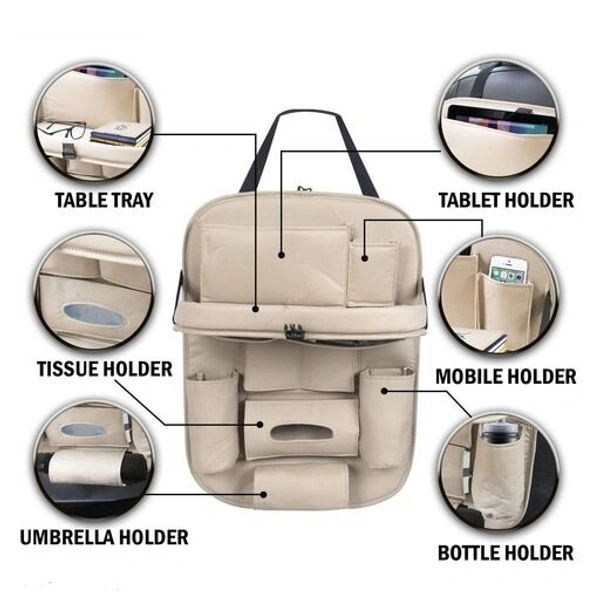 Car Back Seat Organizer with Tablet Holder 6 Different Pouches PU leather with Foldable Table Tray with Holding Bottle pouch and Mobile Accessories 1pcs