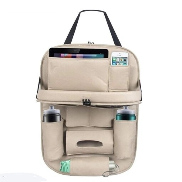 Car Back Seat Organizer with Tablet Holder 6 Different Pouches PU leather with Foldable Table Tray with Holding Bottle pouch and Mobile Accessories 1pcs