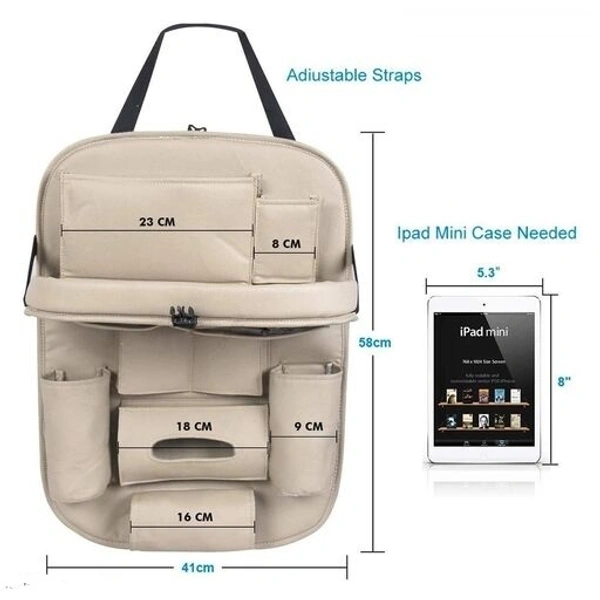 Car Back Seat Organizer with Tablet Holder 6 Different Pouches PU leather with Foldable Table Tray with Holding Bottle pouch and Mobile Accessories 1pcs