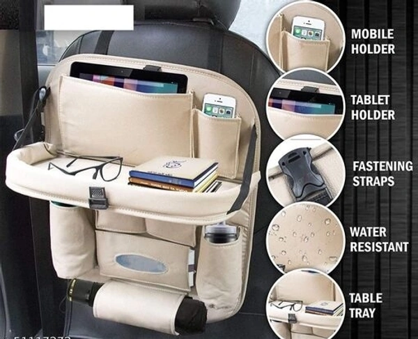 Car Back Seat Organizer with Tablet Holder 6 Different Pouches PU leather with Foldable Table Tray with Holding Bottle pouch and Mobile Accessories 1pcs