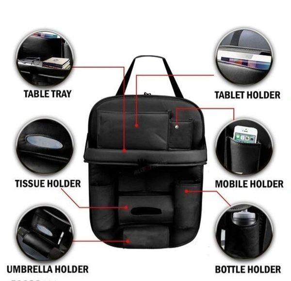 Car back Seat Organizer with Tablet Holder,6 Storage Pouch Bottle bottle hoderH/Foldable Tray holder Accessories Black 1pcs