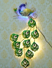 36 Inch Handmade Led Metal Wall Decor With Rajasthani Art Sitting Peacock .