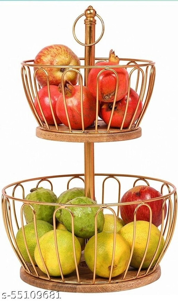 Trendy Handicraft 2 metal and wooden Tier kitchen fruit and vegetable Basket for Organizing and Decorate in living Room and Dinnerware