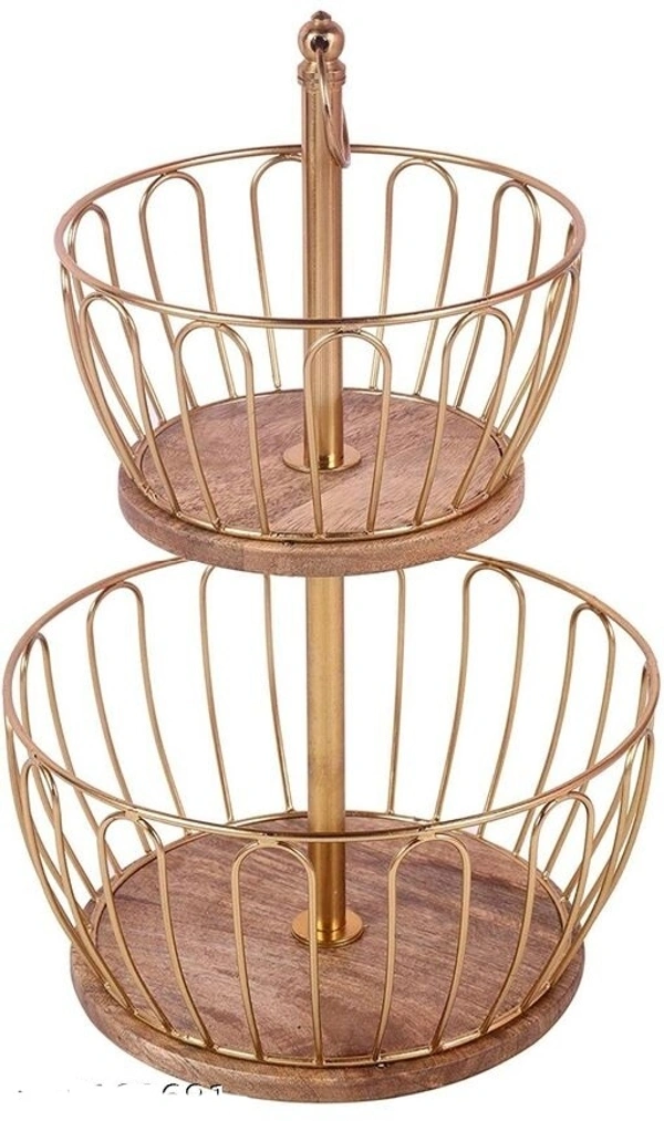 Trendy Handicraft 2 metal and wooden Tier kitchen fruit and vegetable Basket for Organizing and Decorate in living Room and Dinnerware