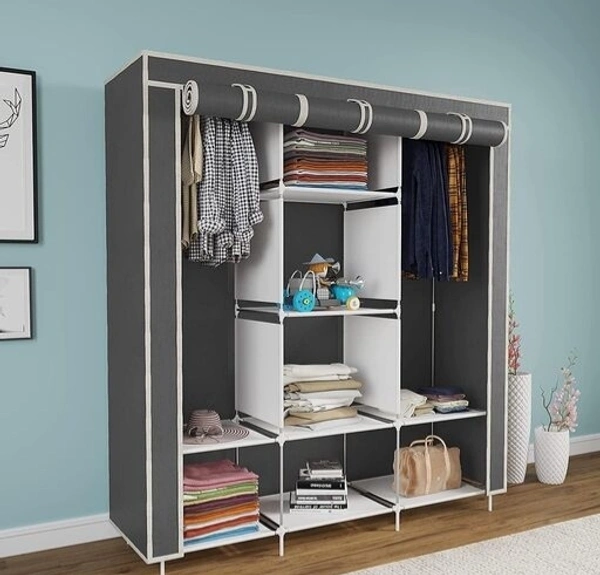 Non Woven Collapse Wardrobe 8 Shelf 3 Doors portable Folding Cabinet - Gray