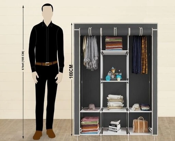 Non Woven Collapse Wardrobe 8 Shelf 3 Doors portable Folding Cabinet - Gray