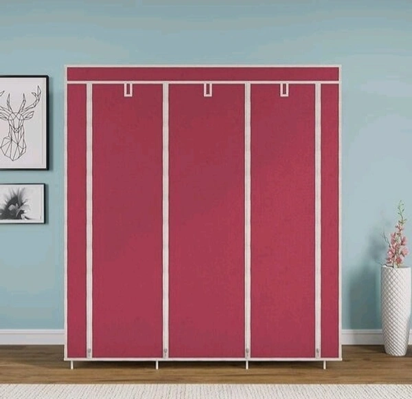 Non Woven Collapse Wardrobe 8 Shelf 3 Doors portable Folding Cabinet - Pink
