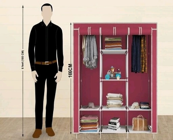 Non Woven Collapse Wardrobe 8 Shelf 3 Doors portable Folding Cabinet - Pink