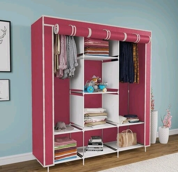 Non Woven Collapse Wardrobe 8 Shelf 3 Doors portable Folding Cabinet - Pink