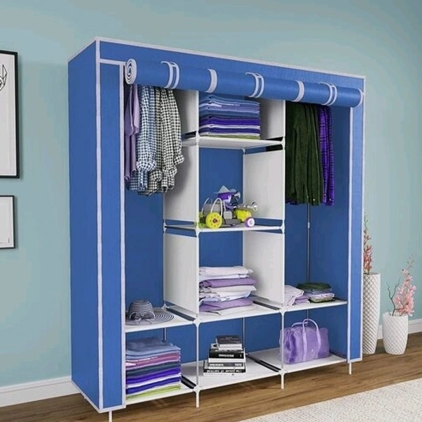 8 Shelf Non Woven Collapsible Wardrobe 3 Doors portable Folding Cabinet - Blue