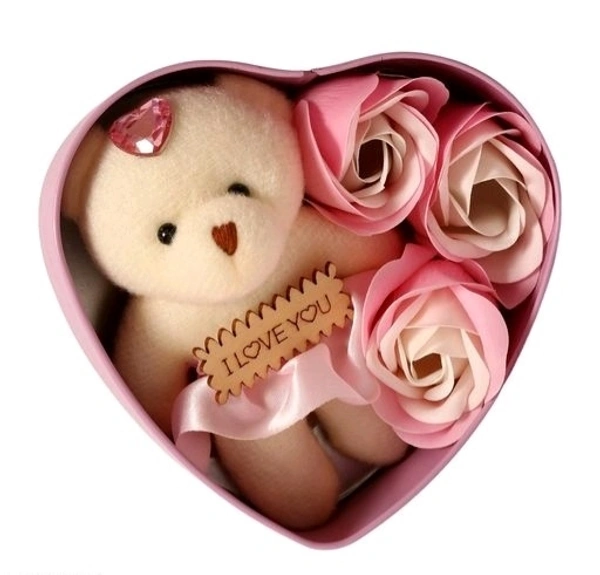 Roses and TeddyBear with Heart Shape Beautiful Box perfect Valentin Gift for His/Her ,Kids, Parents For Everyone - PINK