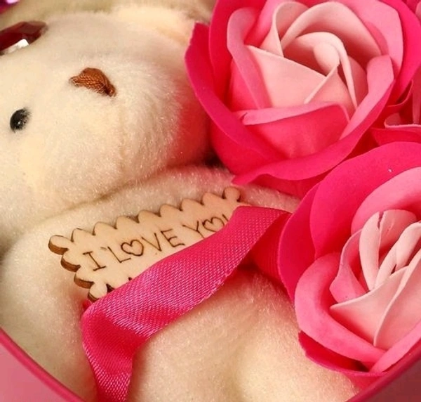 Roses and TeddyBear with Heart Shape Beautiful Box perfect Valentin Gift for His/Her ,Kids, Parents For Everyone - PINK