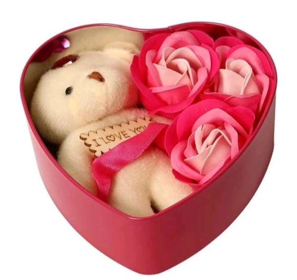 Roses and TeddyBear with Heart Shape Beautiful Box perfect Valentin Gift for His/Her ,Kids, Parents For Everyone - Red Pink