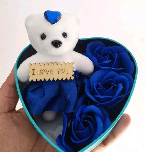 Roses and TeddyBear with Heart Shape Beautiful Box perfect Valentin Gift for His/Her ,Kids, Parents For Everyone - Blue