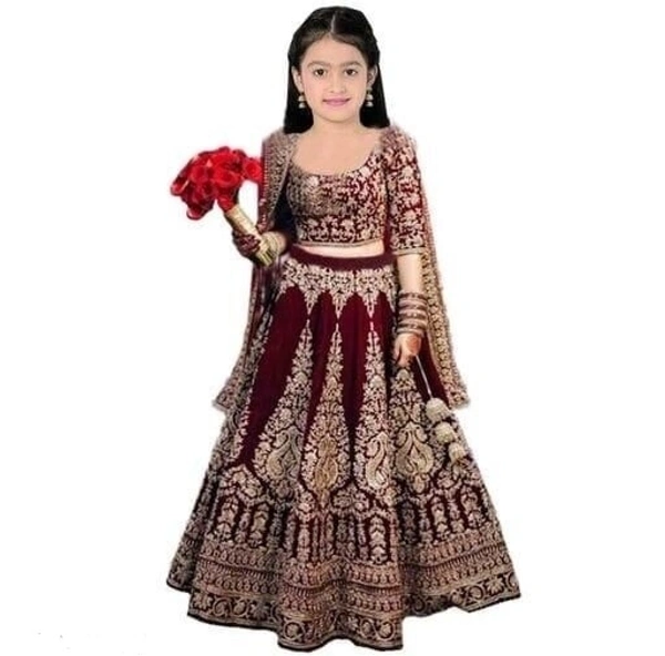 Girls velvet Semistiched Embroidery Lahenga choli FOR Birthdays/ Festivals/Special Occasion - Dark Brown, 10-11Yrs
