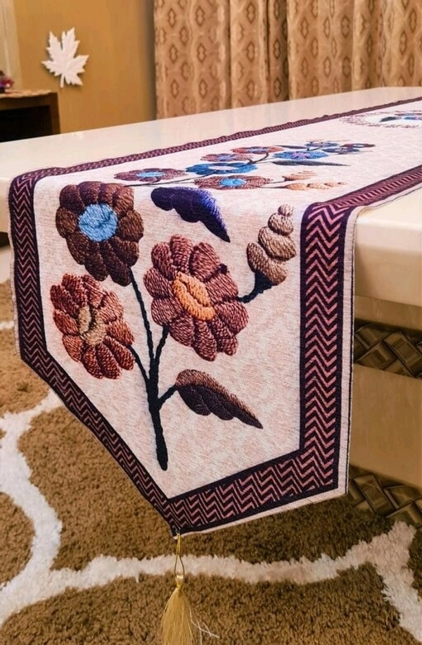 Cotton Floral Embroidery Table Runner - Elegance for Every Occasion - Brown