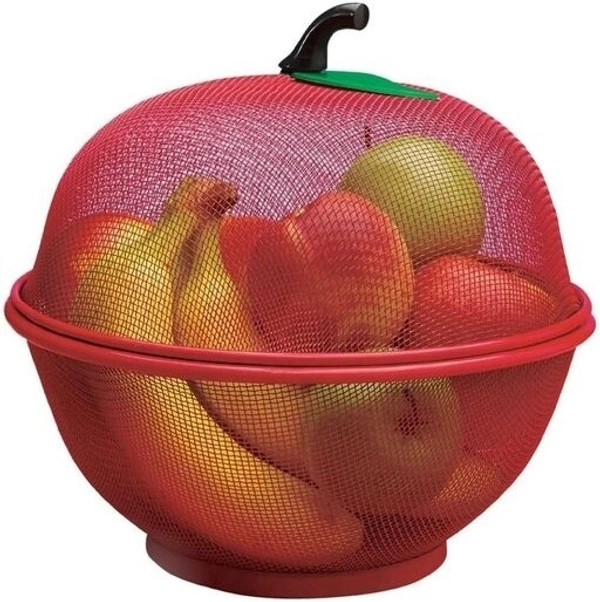 Apple Shape Fruits Bowl Basket with lid- Fly Proof Vegetable Strainer and Countertop Storage - Red
