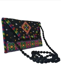 Handmade Cotton Ethnic Rajasthani Style Embroidery Bags Clutch with sling purse for ladies/Women/Girls - Black