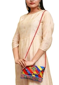 Handmade Cotton Ethnic Rajasthani Style Embroidery Bags Clutch with sling purse for ladies/Women/Girls - Black