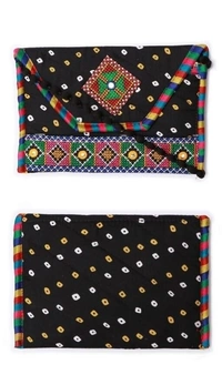 Handmade Cotton Ethnic Rajasthani Style Embroidery Bags Clutch with sling purse for ladies/Women/Girls - Black
