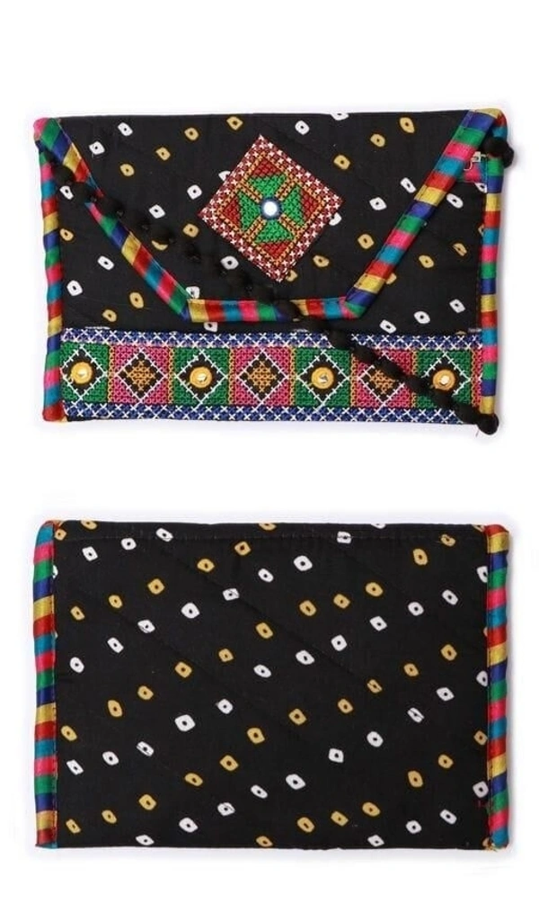 Handmade Cotton Ethnic Rajasthani Style Embroidery Bags Clutch with sling purse for ladies/Women/Girls - Black