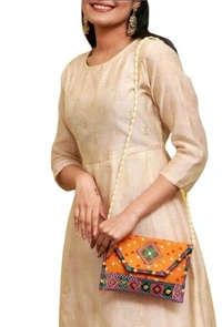 Handmade Cotton Ethnic Rajasthani Style Embroidery Bags Clutch with sling purse for ladies/Women/Girls - Orange