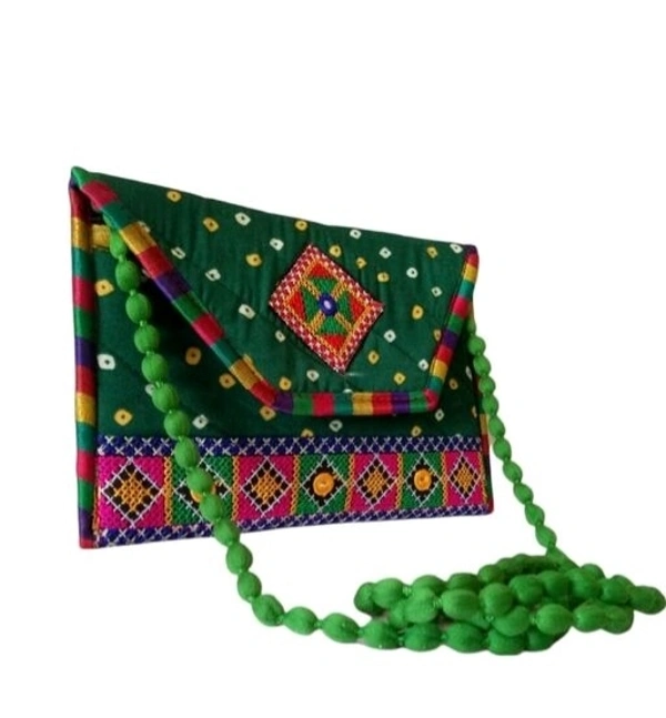 Handmade Cotton Ethnic Rajasthani Style Embroidery Bags Clutch with sling purse for ladies/Women/Girls - Green
