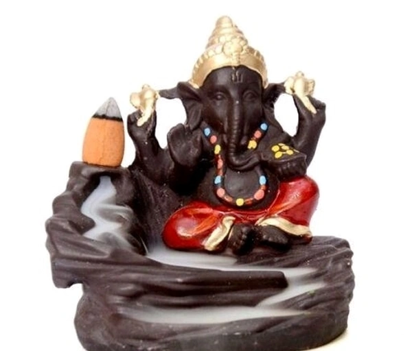 Lord Ganesha Sitting mediating beside waterfall With scented smoke incense perfect for Pooja house /House Warming Gift - Orange