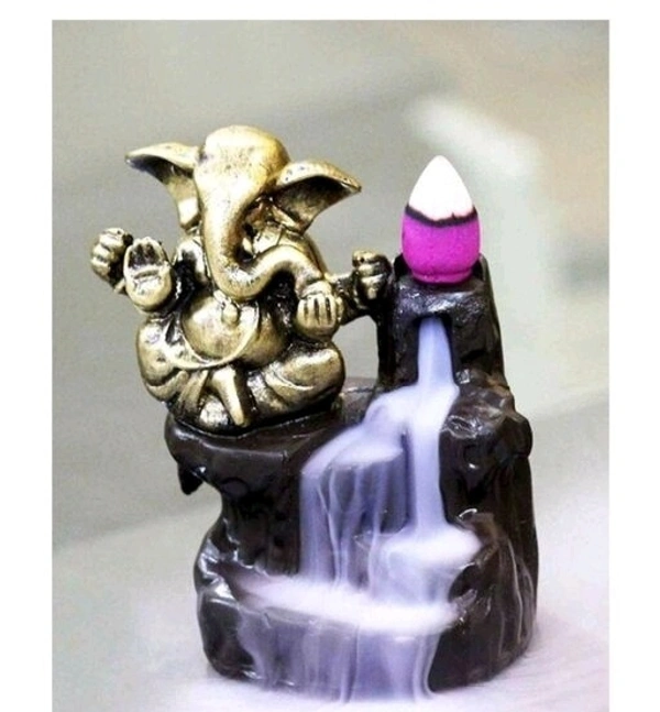 Lord Ganesha Sitting mediating beside waterfall With scented smoke incense perfect for Pooja house /House Warming Gift - Golden