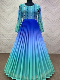 Big size Graceful Embroidery Party Wear Long Gown For Women In Blue