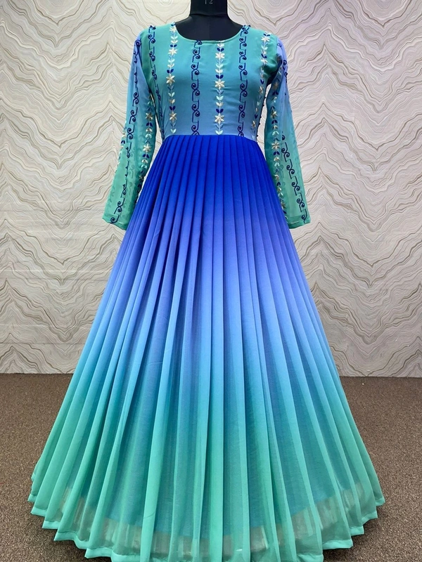 Big size Graceful Embroidery Party Wear Long Gown For Women In Blue
