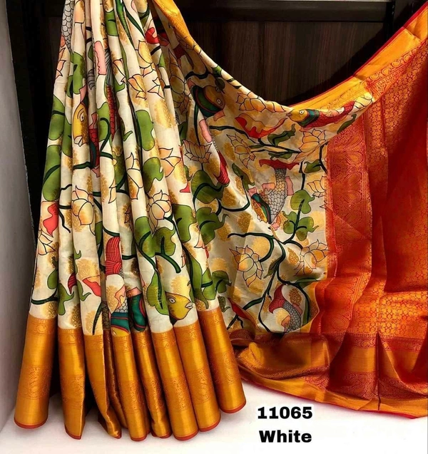 Kanjivram Silk Zari weaving with Kalamkari Digital print Saree with Blouse Perfect for All occasion - white
