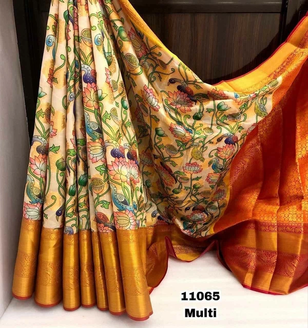 Kanjivram Silk Zari weaving with Kalamkari Digital print Saree with Blouse Perfect for All occasion - Multicolour