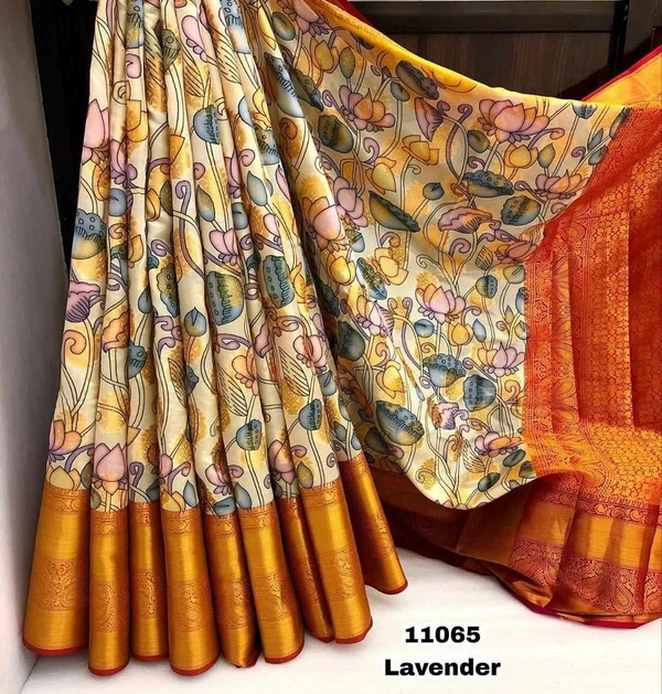 Kanjivram Silk Zari weaving with Kalamkari Digital print Saree with Blouse Perfect for All occasion - Multicolour