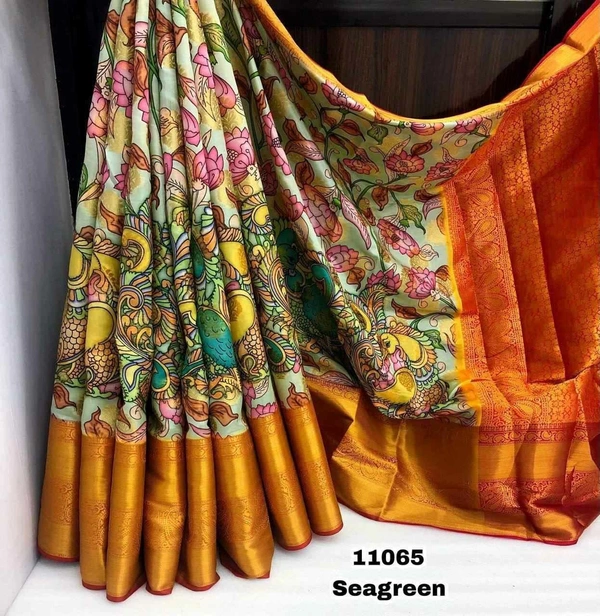 Kanjivram Silk Zari weaving with Kalamkari Digital print Saree with Blouse Perfect for All occasion - Multicolour