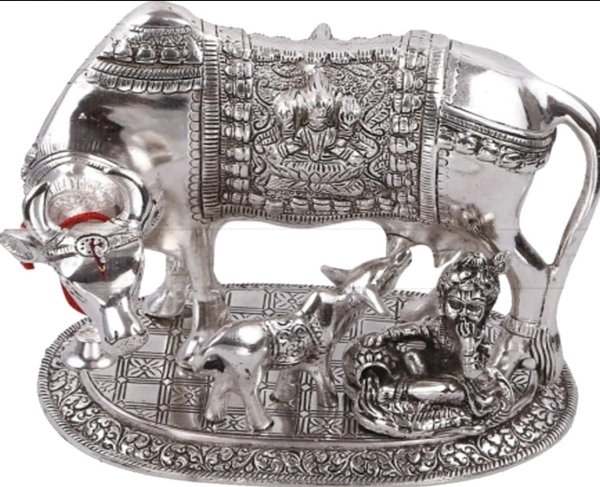 Silver plated kamdenu cow Statu Calf along with Balkrishana - Gray