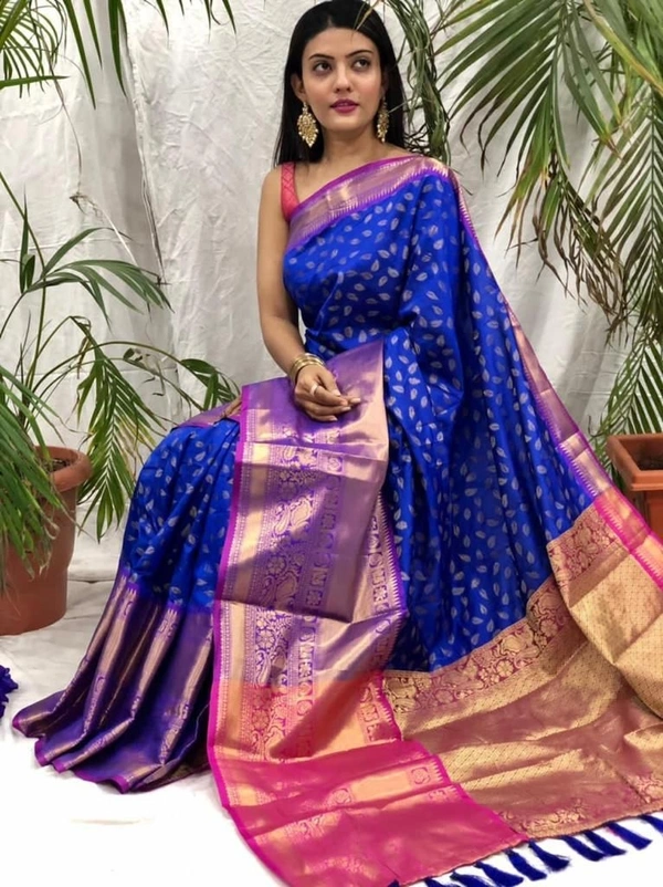 Pure Handloom Kanchipuram katan Soft Silk Saree with antique zari Rich Contrast Pallu Heavy work with Blouse - Blue