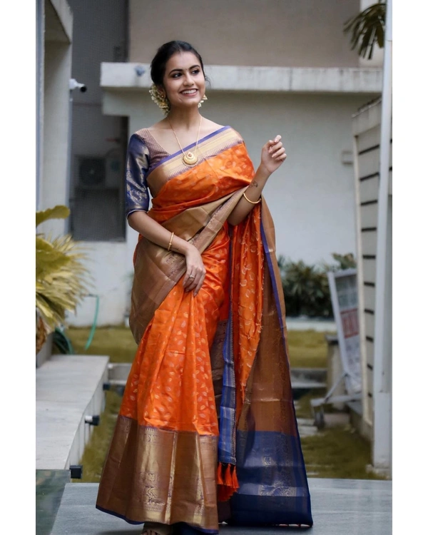 Pure Handloom Kanchipuram katan Soft Silk Saree with antique zari Rich Contrast Pallu Heavy work with Blouse - Web Orange