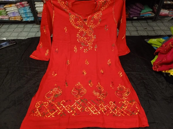 Stylish Lucknowi Chikankari Handwork multithread Rayon Short Kurti For ladies Women - Wild Watermelon