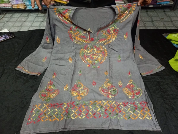 Stylish Lucknowi Chikankari Handwork multithread Rayon Short Kurti For ladies Women - Gray