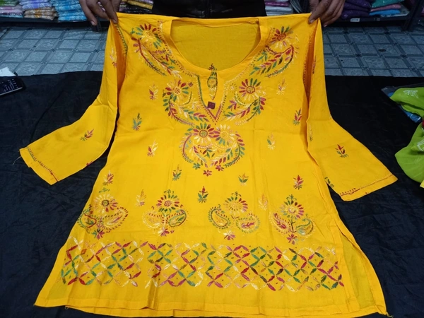Stylish Lucknowi Chikankari Handwork multithread Rayon Short Kurti For ladies Women - Yellow