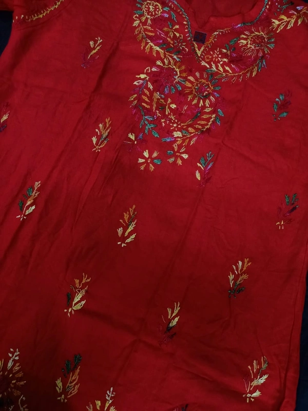 Stylish Lucknowi Chikankari Handwork multithread Rayon Short Kurti For ladies Women - Tangerine