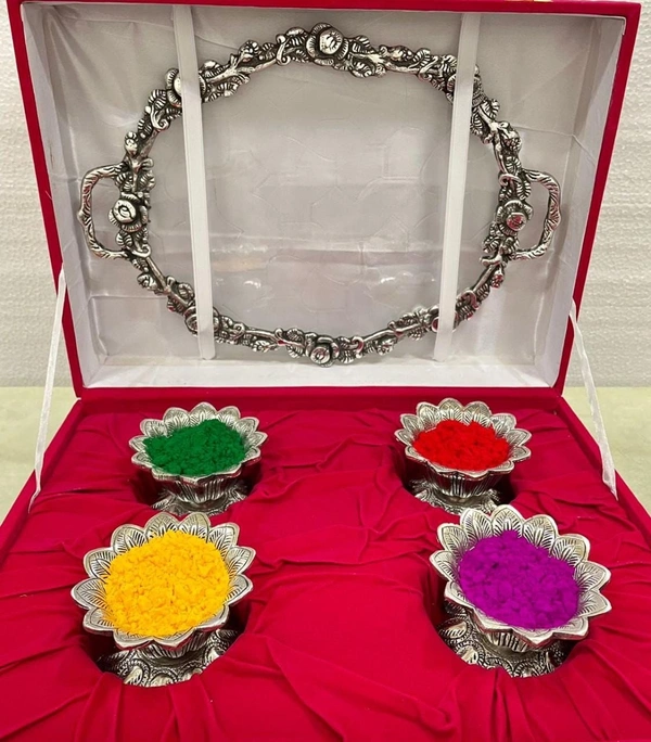 Handcrafted SILVER Metal tray With 4 Pcs Kamal Bowl Combo gifts hamper Holi / Home ceremony /Marriage with velvet box