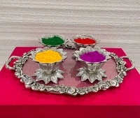 Handcrafted SILVER Metal tray With 4 Pcs Kamal Bowl Combo gifts hamper Holi / Home ceremony /Marriage with velvet box
