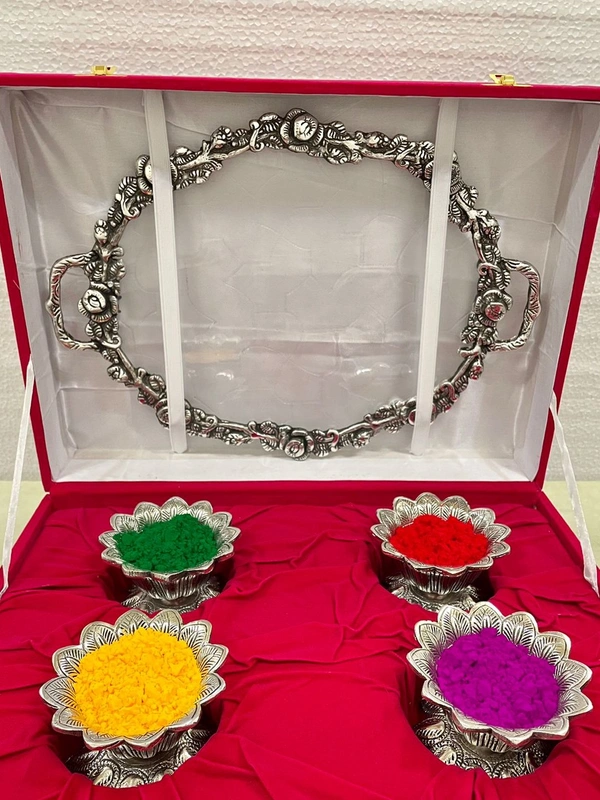 Handcrafted SILVER Metal tray With 4 Pcs Kamal Bowl Combo gifts hamper Holi / Home ceremony /Marriage with velvet box